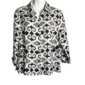 Tweeds Geometric Print Linen Blouse Button Up Size Medium